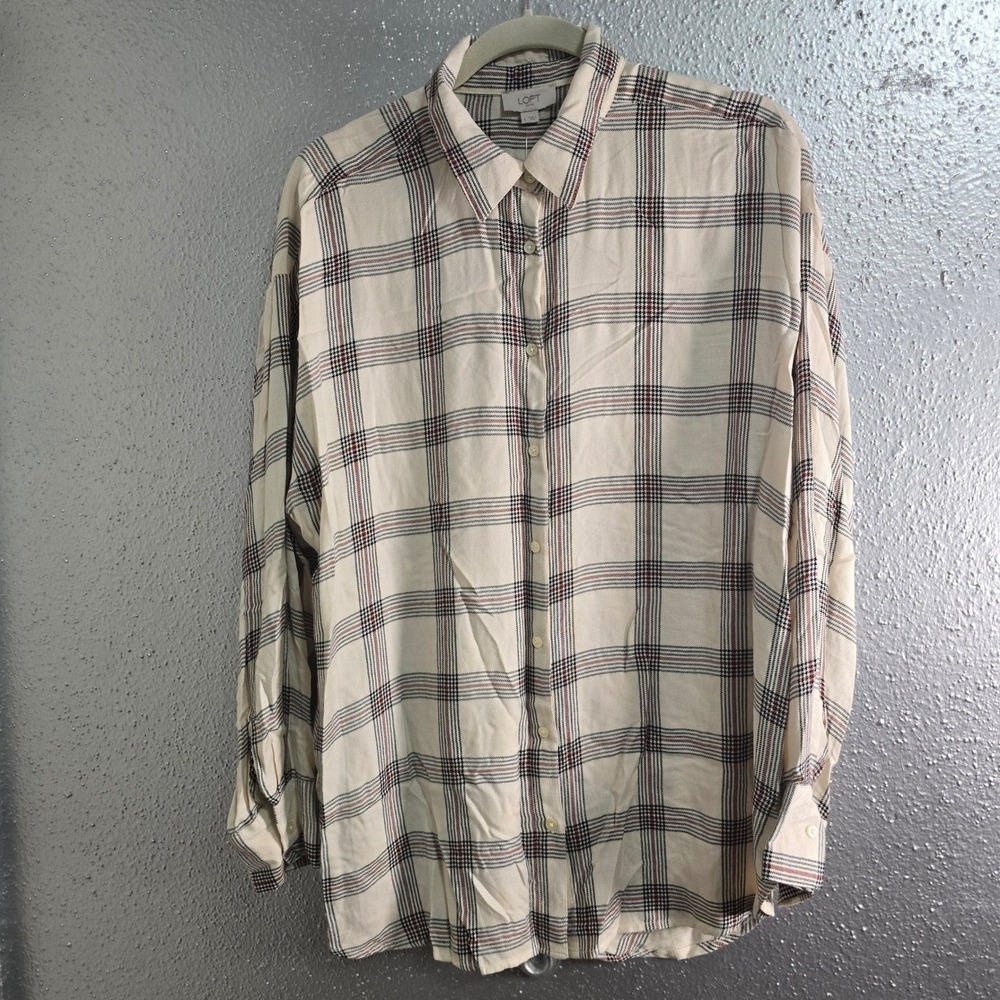 Loft Outlet Womens Large Plaid Button Down Shirt Long Sleeve Cream Red 35332268